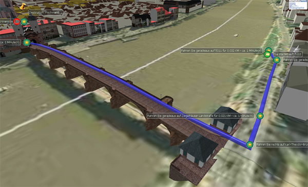 OpenLS Route Service enables 3D-Routing with height profile and animation – including routes over bridges 